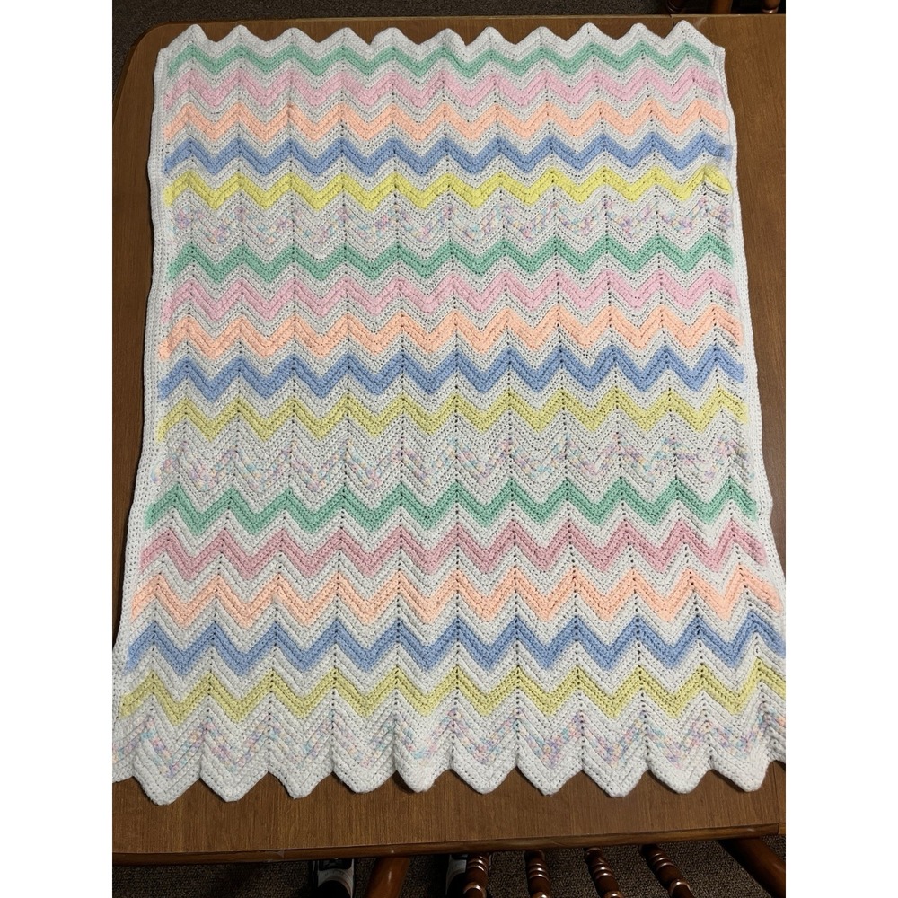 Handmade Afghan Baby Blanket Chevron 29"x36" Scalloped Edge Multi-Pastel Colors